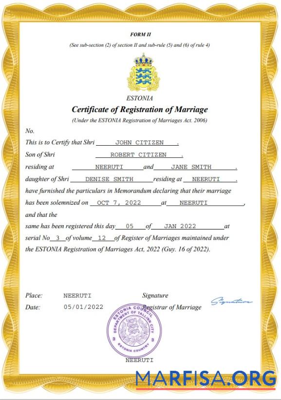 Downloadable Estonia marriage certificate Word and PDF template